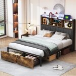 Lit double 160x200cm avec 2 tiroirs, lit adulte, t�te de lit avec rangement, lit capitonn� avec �clairage ...