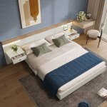 Modfu - lit adulte 160x200cm, en bois, lit double avec tables de chevet, tte de lit allonge, usb, led, ...