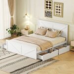 Lit adulte 160x200cm, lit double, 4 tiroirs sur roulettes, sommier  lattes, sans matelas, pin, blanc ...