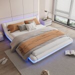 Tanant - lit adulte 160x200cm, lit capitonn avec tte de lit claire par led, sommier  lattes en bois, ...