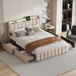 Blanketswarm - lit adulte 160 x 200 avec 4 tiroirs, lit double avec fonction de chargement usb, lit rembourr ...