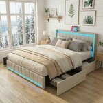 Lit adulte 180x200 avec 4 tiroirs de rangement et led rgb - t�te de lit connect�e usb & usb - c - tissu ...