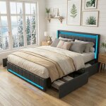 Lit adulte 180x200 avec 4 tiroirs de rangement et led rgb - t�te de lit connect�e usb & usb - c - tissu ...