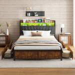 Lit adulte 180x200 avec 4 tirtors, lit double capitonn� avec sommier � lattes, t�te de lit avec lumi�res ...