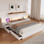 Hauss spole - lit adulte 180x200 cm, lit double, mdf, blanc, 2 tiroirs, avec clairage led et prises, ...