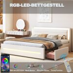 Hauss spole - lit adulte 180x200 cm, lit double rembourr, led, 4 tiroirs de rangement, lin, sans matelas, ...