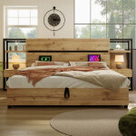 Lit adulte 180x200 cm avec usb c - lit double avec t�te de lit de rangement et sommier - bois - ch�ne ...