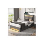 Lit adulte 90x190 cm, lit simple capitonn� avec port usb et �clairage led, 4 tiroirs, similicuir, gris, ...
