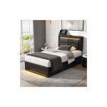 Lit adulte 90x190 cm, lit simple capitonn avec port usb et clairage led, 4 tiroirs, similicuir, noir, ...
