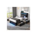 Lit adulte 90x190 cm lit simple rembourr avec port usb, clairage led et 4 tiroirs, en pu noir, sans ...