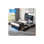 Lit adulte 90x200 cm lit simple rembourr avec port usb, clairage led et 4 tiroirs, en pu noir, sans ...