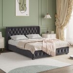 Lit adulte capitonn� 140x190 - lit avec coffre de rangement hydraulique, sommier en bois, cadre en m�tal, ...