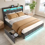 Lit adulte capitonn 160 x 200, lit double avec 4 tiroirs, barre lumineuse led, espace de rangement sur ...