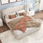 Lit adulte capitonn double 160 x 200 cm avec tte de lit de revtement de boutons et rivets et sommier ...