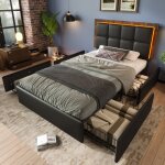 Lit adulte capitonn simple 90 x 200 cm avec bandeau lumineux led et 4 tiroirs, tte de lit rglable ...