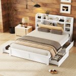 Lit adulte double 160 x 200 cm avec 4 tiroirs, tte de lit partiellement rabattable, blanc