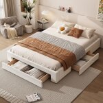 Lit adulte lit double 160 x 200 cm, cadre de lit avec 3 tiroirs, sans tte de lit, beige