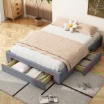 Lit adulte lit double 160 x 200 cm, cadre de lit avec 3 tiroirs, sans tte de lit, gris