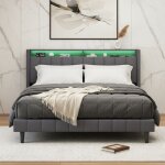 Lit adulte double 160x200 cm gris - tte de lit avec rangement intgr - chargeur usb et prises lectriques ...