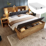 Lit adulte lit double 160x200 cm, liseuses et usb, t�te en lin avec rangement, banquette coffre, 2 tables ...