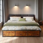 Lit adulte double 180x200 - rangement int�gr� - tiroirs - �clairage led connect� - style industriel noir ...