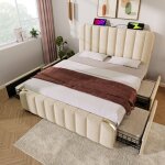 Hauss spole - lit adulte, lit double avec 4 tiroirs, usb type - c, lin, beige, 140 x 200 cm, charge 181kg, ...