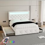 Lit adulte double capitonn 140x200 cm, avec lit gigogne 90x190 cm, 2 tiroirs, led barre lumineuse, lin, ...