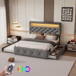 Hauss spole - lit adulte double capitonn 140x200 cm, avec lit gigogne 90x190 cm, 2 tiroirs, led barre ...