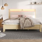 Redom - lit adulte led 160x200 cm - lit 2 places avec sommier et t�te de lit rangement - bois - beige ...