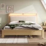 Redom - lit adulte led 180x200 cm - lit 2 places avec sommier et t�te de lit rangement - bois - beige ...