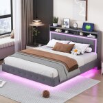 Modfu - lit adulte 160x200 cm, lit double, avec usb et lumire led, sans matelas, pieds cachs design, ...