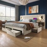 Lit adulte en velours 160x200 cm - avec 2 chevets et 4 tiroirs - 2 liseuses avec prise usb - beige (matelas ...