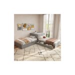 Lit d'angle 90x200 cm, 2 lits simples avec lit gigogne, rangements, tiroirs, sans matelas, gris