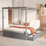 Lit double 140x200 cm lit  baldaquin avec grands tiroirs et dossier moelleux, en bois massif, gris, ...