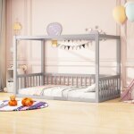 Lit � baldaquin 90x200 en bois massif - structure grise pour enfant et ado, cadre durable et design raffin�, ...