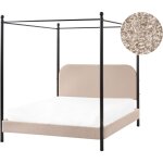 Lit  baldaquin minimaliste en boucl 140 x 200 cm cadre mtallique noir lattes bois de peuplier taupe ...