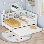Lit banquette 140x200 cm avec un lit gigogne 90x190 cm - avec usb et multiples rangements - en bois massif ... Lit banquette 140x200 cm avec un lit gigogne 90x190 cm - avec usb et multiples rangements - en bois massif ...