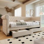 Modernluxe - lit banquette avec 2 tiroirs en tissu lin - 90x200cm - avec sommier � lattes - beige