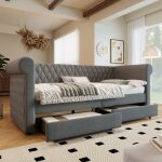 Modernluxe - lit banquette avec 2 tiroirs en tissu lin - 90x200cm - avec sommier � lattes - gris