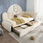 Lit banquette 90x190 cm - avec 2 tiroirs - tissu en velours - avec sommier � lattes - beige(sans matelas) ...