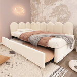 Lit banquette 90x200 cm - avec lit gigogne 90x190 - tissu en velours - beige