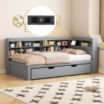 Modernluxe - lit banquette 90x200cm en bois - avec lit gigogne 90x190cm et prise usb - 10 compartiments ... Modernluxe - lit banquette 90x200cm en bois - avec lit gigogne 90x190cm et prise usb - 10 compartiments ...