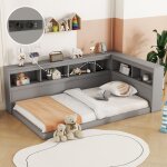 Lit banquette 90x200cm - avec ports de usb et rangements - gris