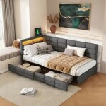 Lit banquette d'angle 90x200 cm gris en lin - station de charge usb & led int�gr�e - 2 tiroirs de rangement ...