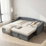 Lit banquette convertible 90x200 cm en velours gris - canap� - lit gigogne - extensible en lit double ...