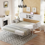 Lit banquette extensible 90x200 cm en m�tal noir, avec rangements et prises, blanc