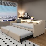 Modernluxe - lit banquette gigogne 90 / 180x190cm en lin - avec led & usb - avec sommier  lattes - beige ...