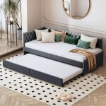 Lit banquette gigogne 90x200 cm en velours gris fonc - canap - lit convertible avec dossier capitonn ...