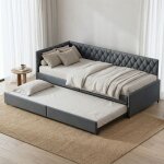 Lit banquette gigogne 90x200 cm en velours gris fonc� - canap� - lit convertible avec dossier capitonn� ...