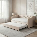 Lit banquette gigogne 90x200cm design chesterfield - canap� - lit 2 en 1 en tissu lin beige capitonn�(90x200cm ...